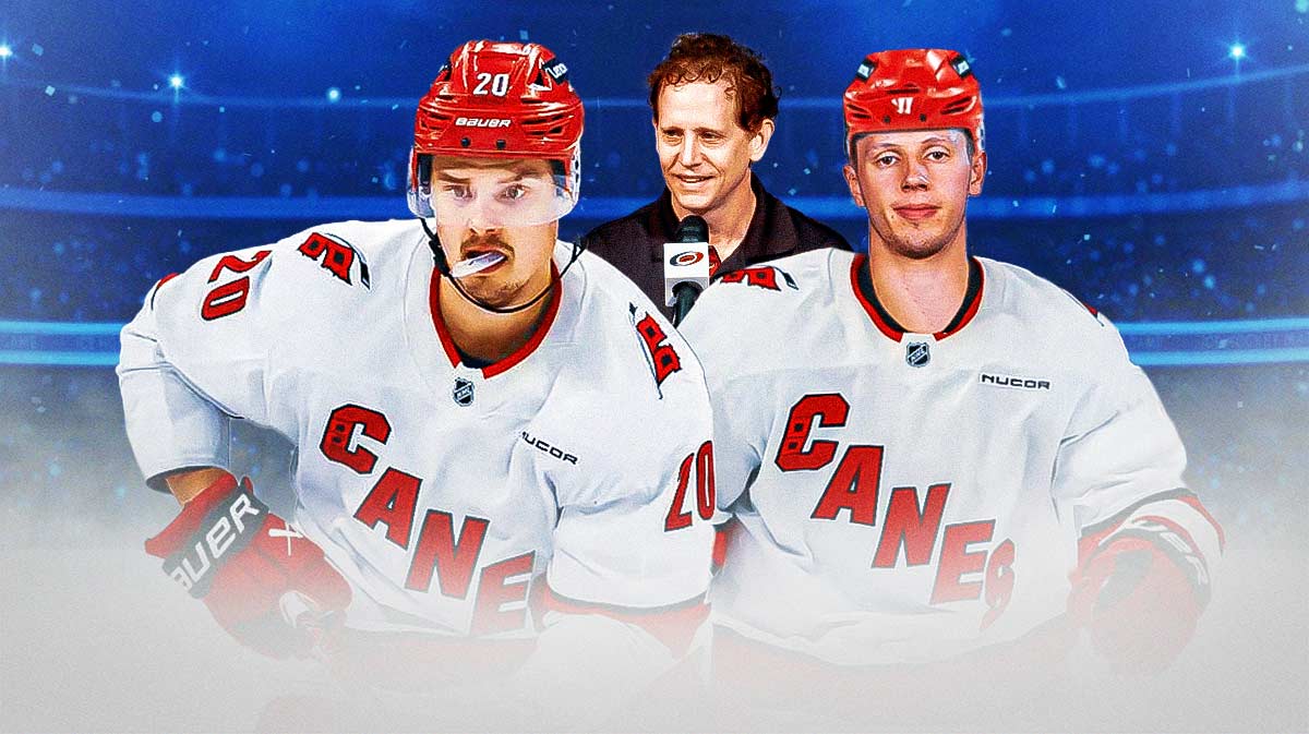 Hurricanes' Sebastian Aho, Marco Rossi in a Hurricanes jersey, Hurricanes GM Eric Tulsky
