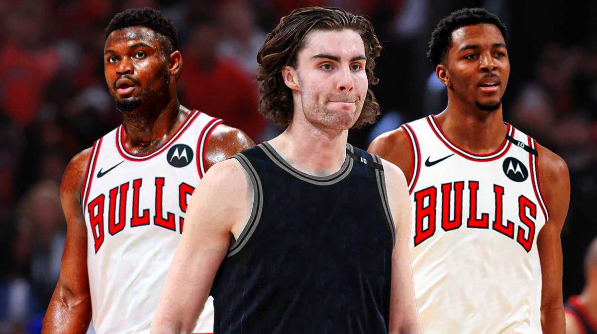 Josh Giddey in blank uniform, with Zion Williamson and Trey Murphy in Bulls uniform beside him