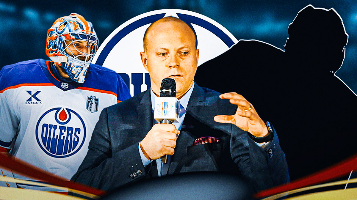 Stuart Skinner on one side, GM Stan Bowman in the middle, mystery player on the other side. Oilers logo background. connor mcdavid