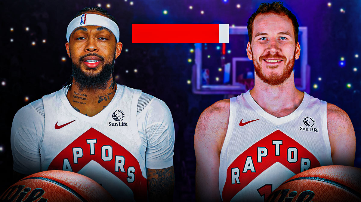 Jakob Poeltl and Brandon Ingram in Raptors jersey with a cap space bar at the top right corner indicating red.