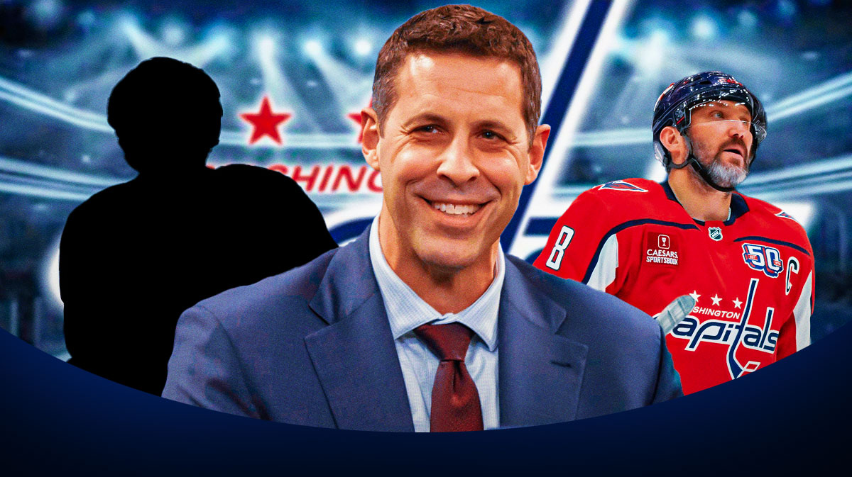 Capitals GM Chris Patrick in the center, Ovechkin and a mystery players on the sides, Capitals logo in the background, NHL offseason