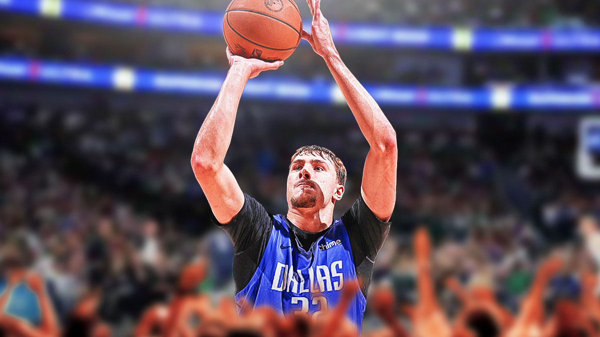 Cooper Flagg in a Dallas Mavericks jersey and shooting a basketball.
