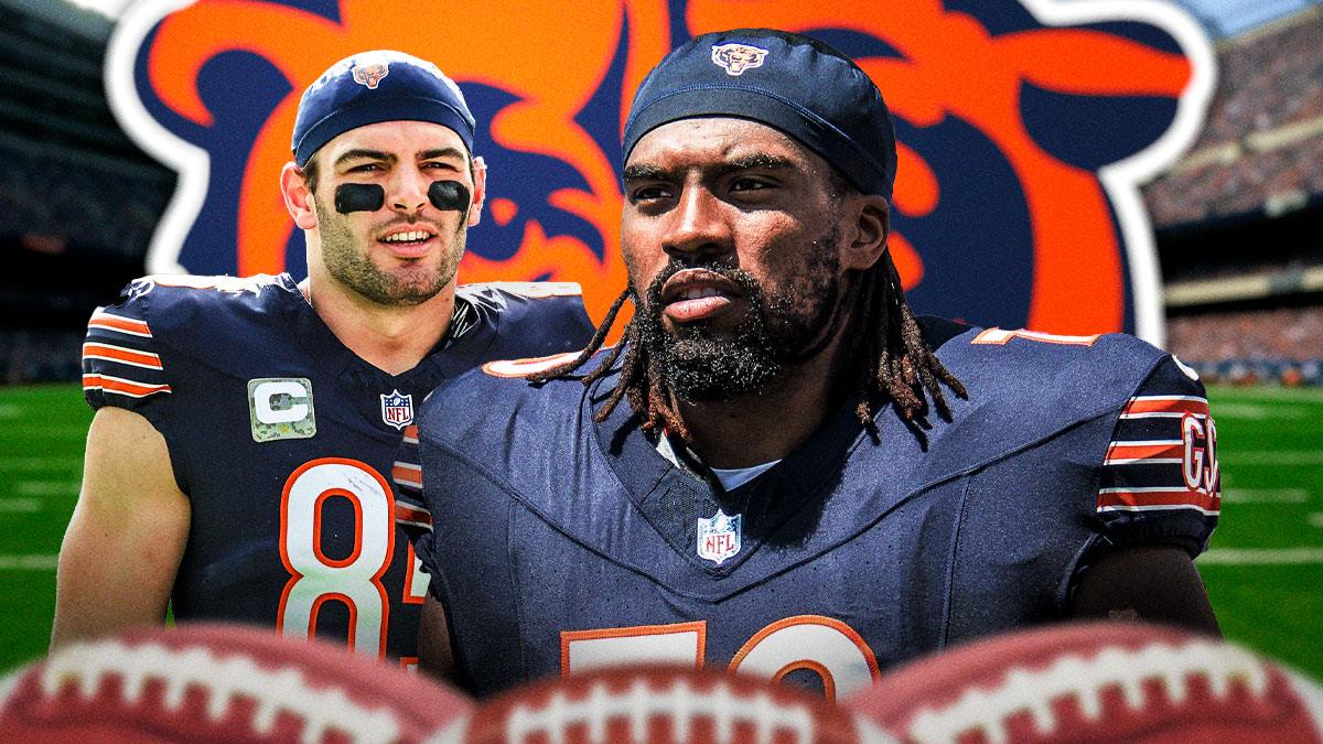 Bears LT Braxton Jones and Bears TE Cole Kmet looking down. Chicago Bears logo in background