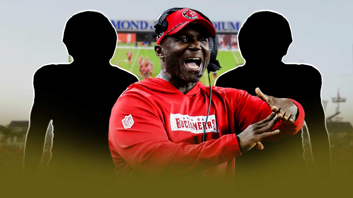 IMAGE: Tampa Bay Buccaneers head coach Todd Bowles in center, blank player silhouettes on left and right sides, Raymond James Stadium (home stadium of the Tampa Bay Buccaneers) in the background