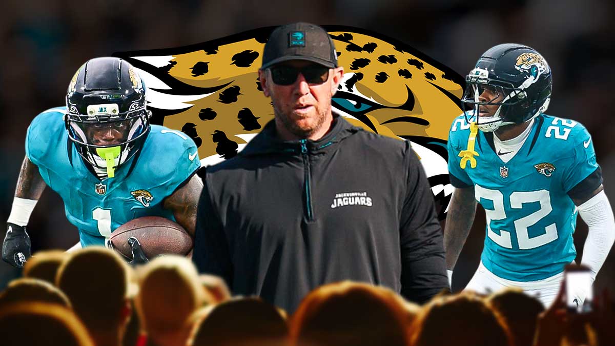 Jacksonville Jaguars head coach Liam Coen with RB Travis Etienne Jr. and CB Jarrian Jones. There is also a logo for the Jacksonville Jaguars.