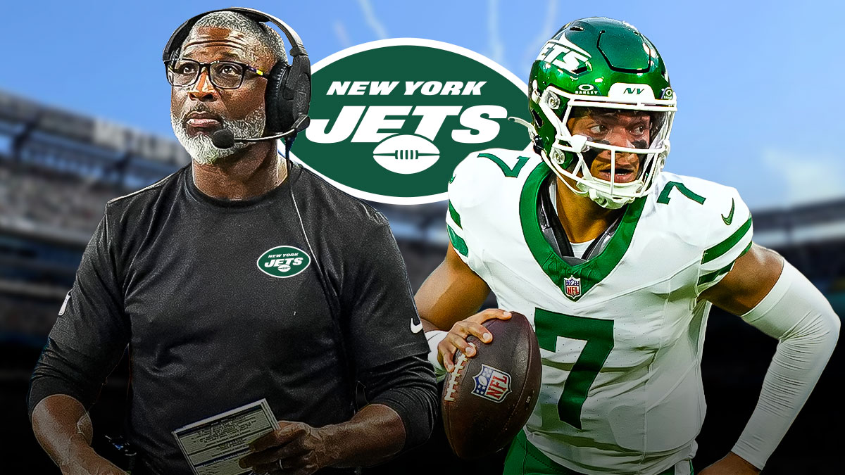 Jets logo with Aaron Glenn on one side and Justin Fields on the other