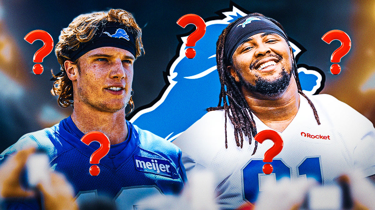 Detroit Lions wide receiver Isaac TeSlaa next to DT Tyleik Williams. They are both surrounded by question mark emojis. There is also a logo for the Detroit Lions.