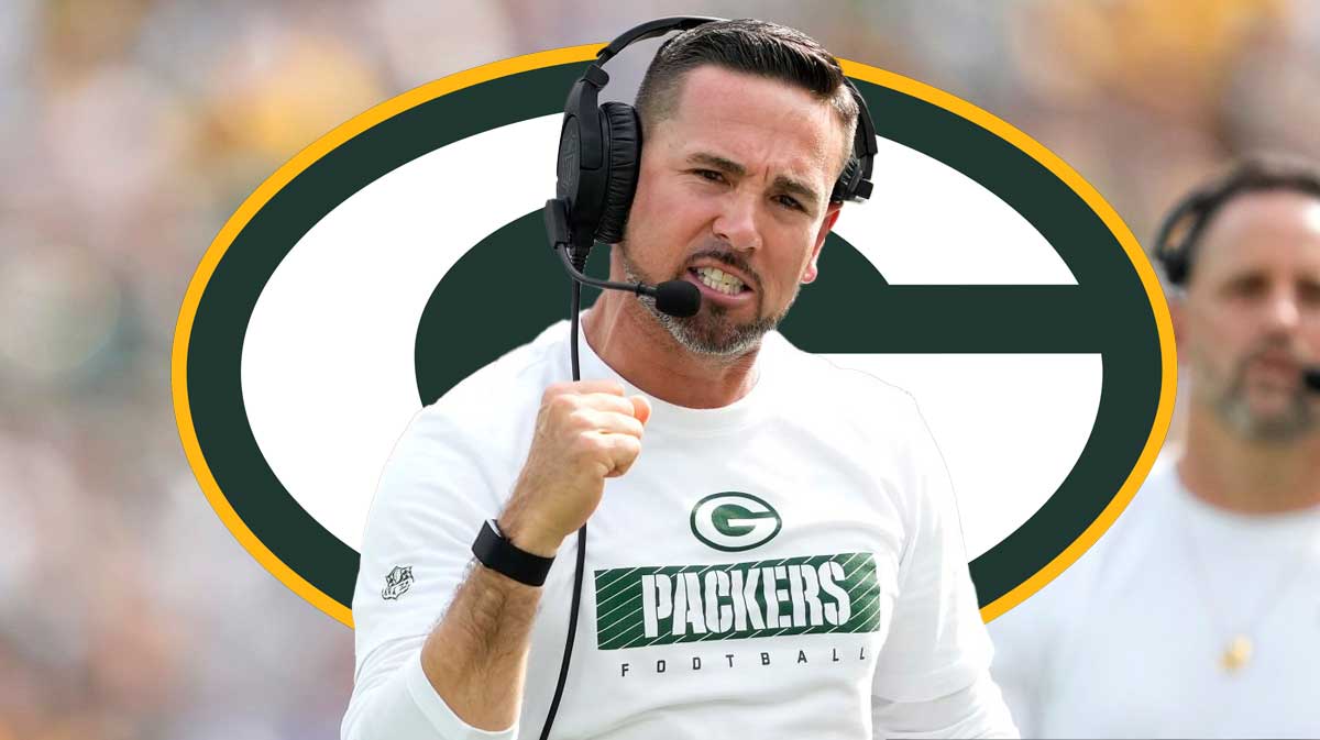 Packers logo in the middle with Matt LaFleur next to it