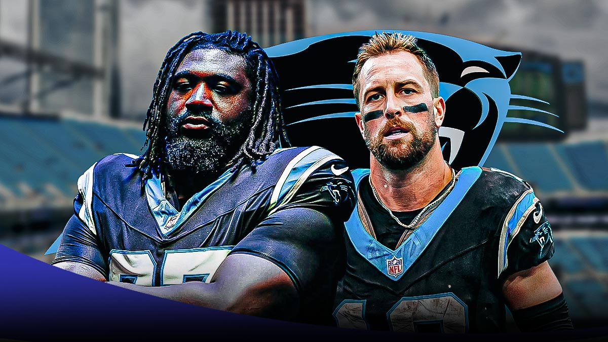 Panthers WR Adam Thielen and Panthers DT Bobby Brown III. Carolina Panthers logo in background