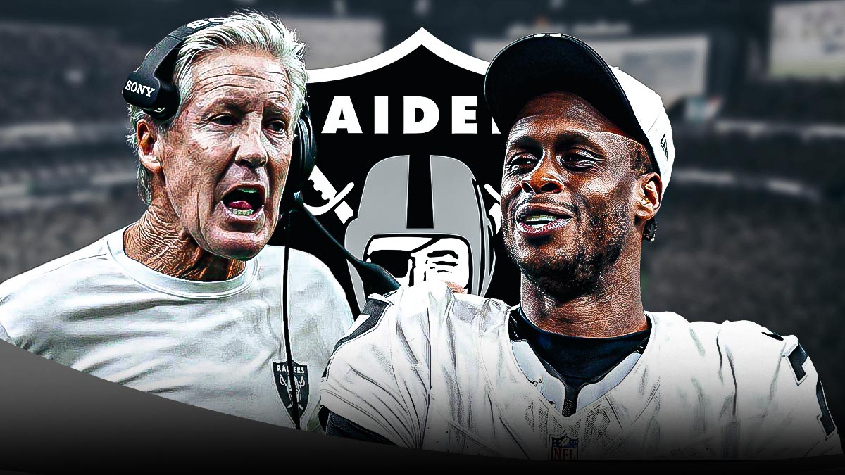 Raiders logo in the middle with Pete Carroll on one side and Geno Smith on the other