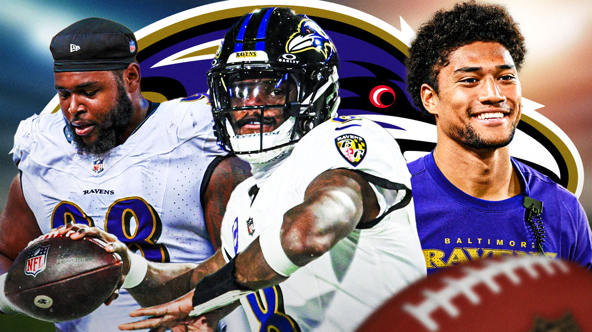 Lamar Jackson in the middle, Travis Jones and Kyle Hamilton around him, Baltimore Ravens logo in the background