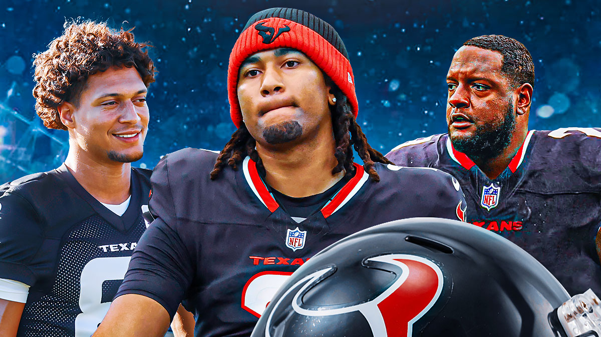 CJ Stroud in the middle, Jayden Higgins and Cam Robinson around him, Houston Texans logo in the background