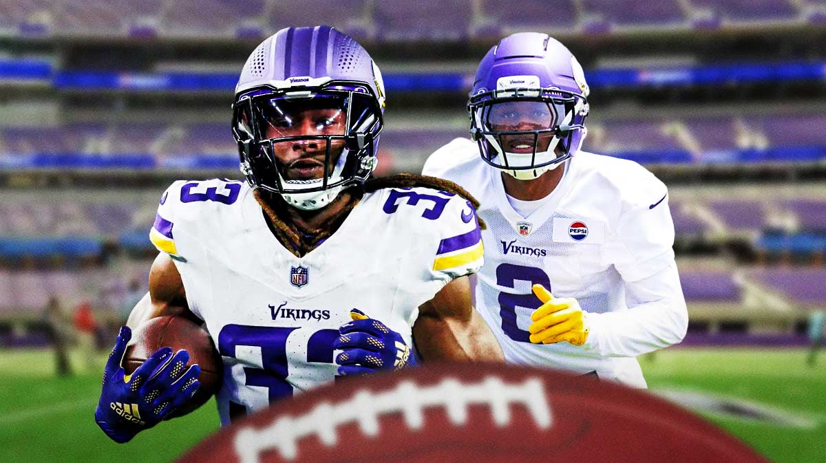 Vikings RB Aaron Jones and Vikings CB Isaiah Rodgers. Minnesota Vikings logo in background