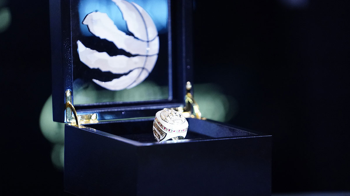 Toronto Raptors superfan Nav Bhatia's championship ring on display at halftime during a game against the New Orleans Pelicans at Scotiabank Arena. Toronto defeated New Orleans in overtime.