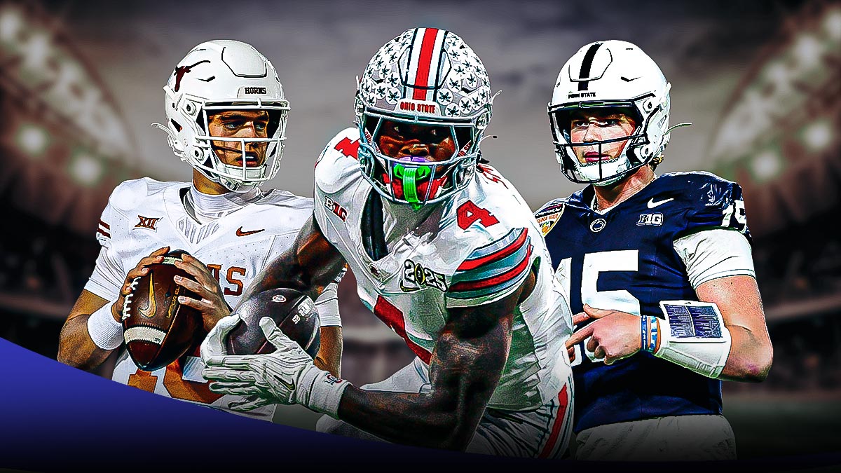College Football Top 25, Top 25, Preseason College Football Top 25, College Football Rankings, College Football Top 25 Power rankings, Arch Manning, Jeremiah Smith and Drew Allar is respective team unis, football background