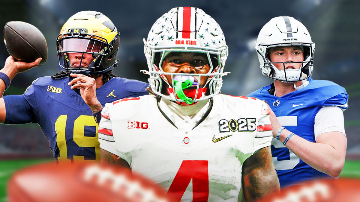 Big Ten Power Rankings, Big Ten Football Power Rankings, Big Ten, Big Ten football, Power Rankings, Bryce Underwood, Jeremiah Smith and Drew Allar in respective team uniforms with football background