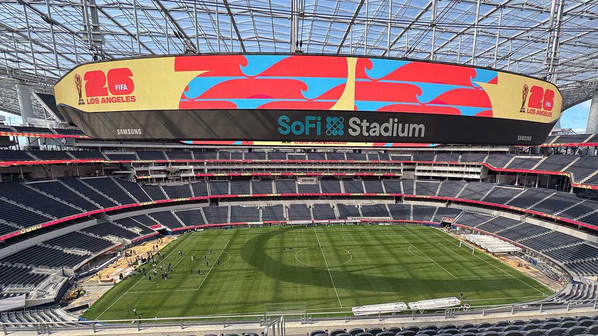 LA World Cup 2026 branding pictured during the unveiling of the new test soccer pitch in anticipation of Nations League play and 2026 World Cup at SoFi Stadium.