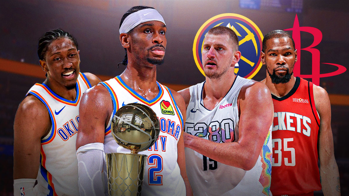 Thunder All-Star Shai Gilgeous-Alexander and Jalen Williams with the NBA's Larry O'Brien Trophy between them, with Nuggets All-Star Nikola Jokic and Rockets All-Star Kevin Durant behind them, and the Nuggets logo behind Jokic, and the Rockets logo behind Durant