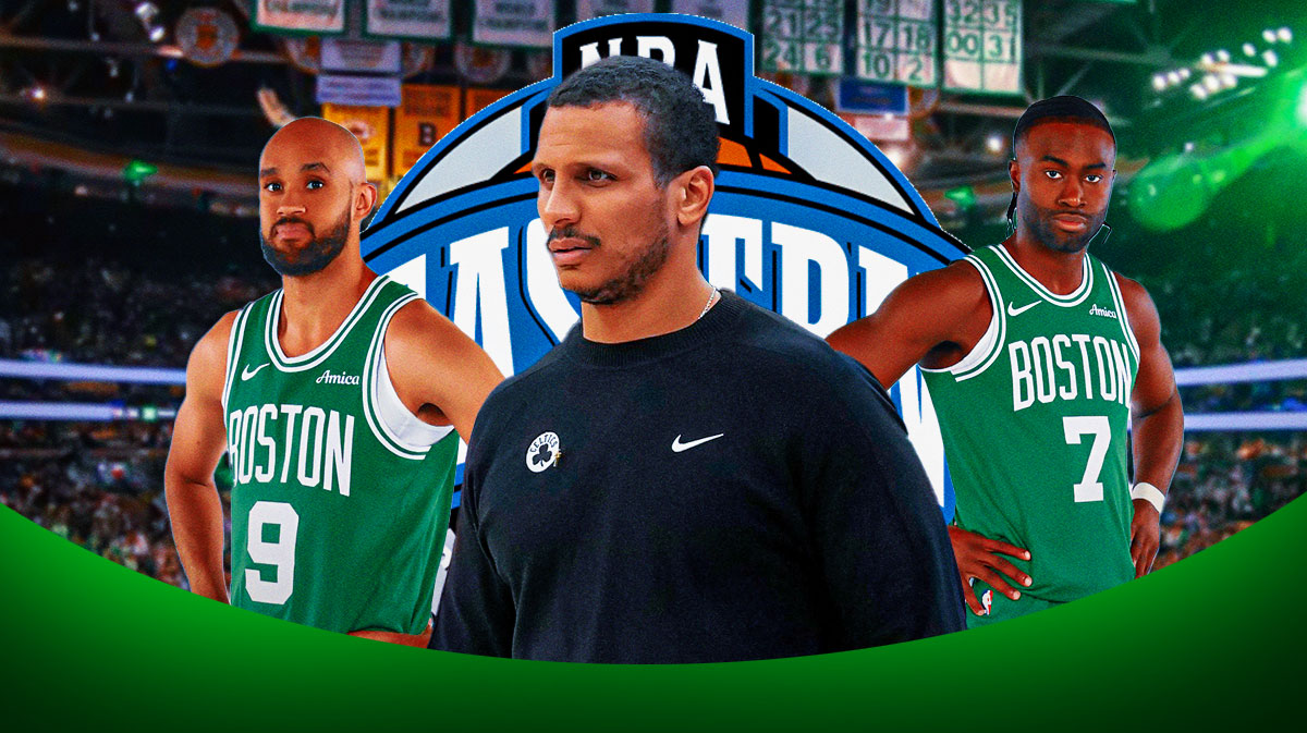 Celtics head coach Joe Mazzulla between Celtics All-Star Jaylen Brown and Celtics' Derrick White with the Celtics and the NBA's Eastern Conference logos in the background with Jayson Tatum in the background