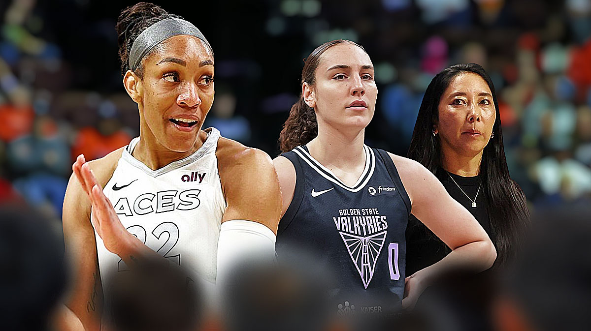 Valkyries Carla Leite, Natalie Nakase looking sad as A'Ja Wilson and Aces look triumphant next to them.