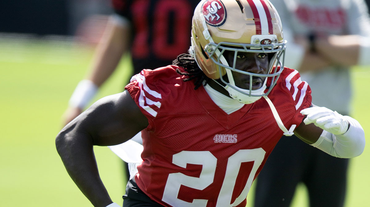 San Francisco 49ers cornerback Upton Stout (20) runs a play during the first day of training camp at SAP Performance Facility.