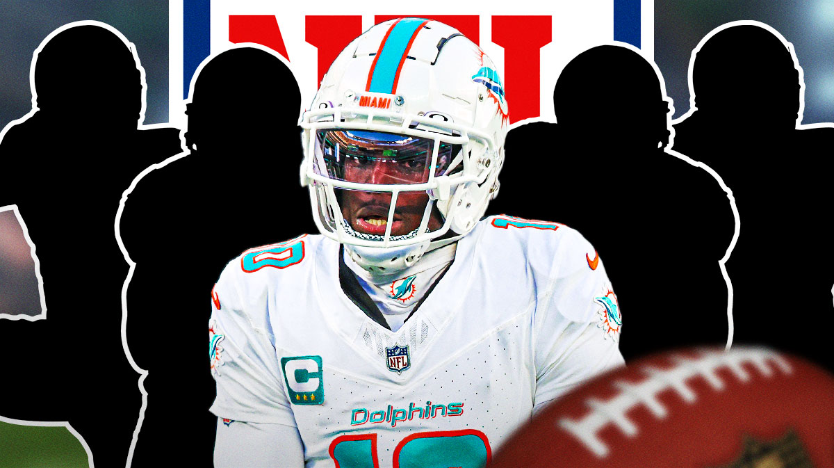 Tyreek Hill in middle - Four mystery Wide Receivers around him - NFL logo in the background