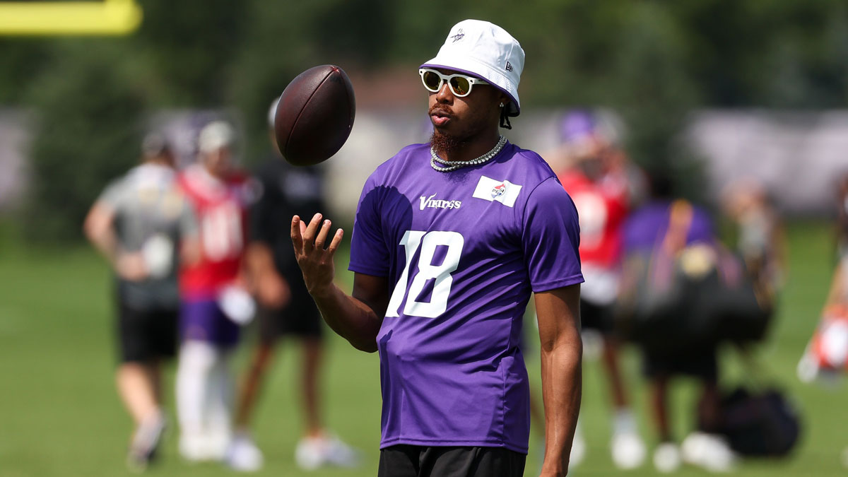 Minnesota Vikings wide receiver Justin Jefferson (18) looks on during the teams training camp at the Minnesota Vikings Training Facility.