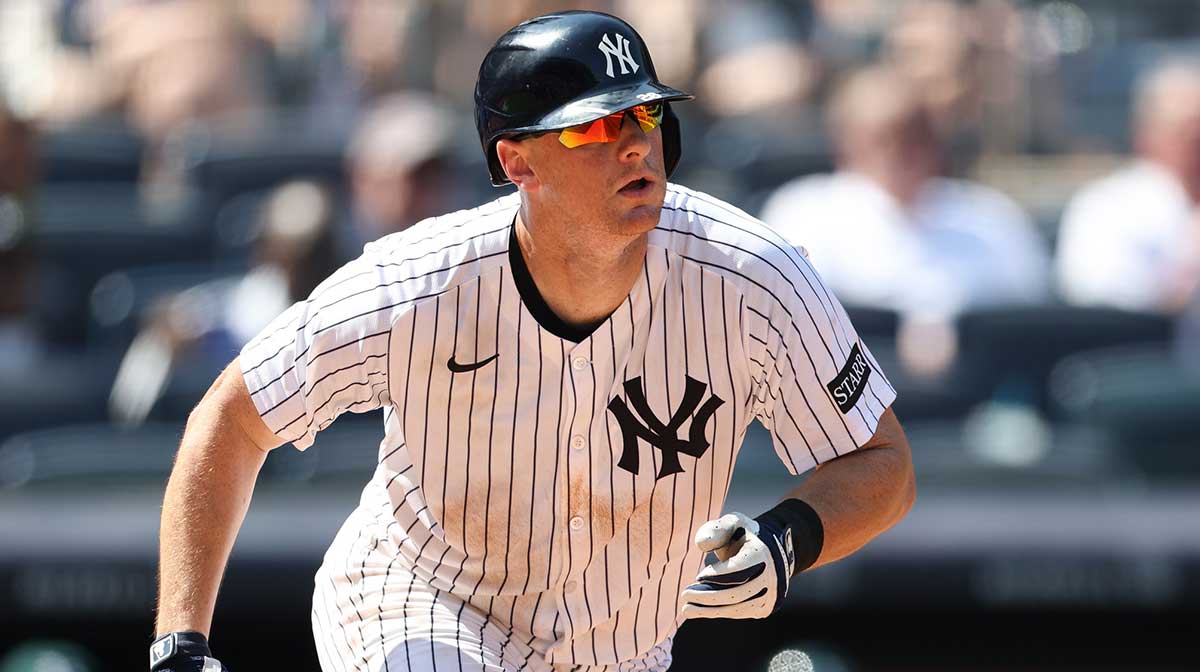 New York Yankees second base DJ LeMahieu (26) singles during the eighth inning against the Athletics at Yankee Stadium. 