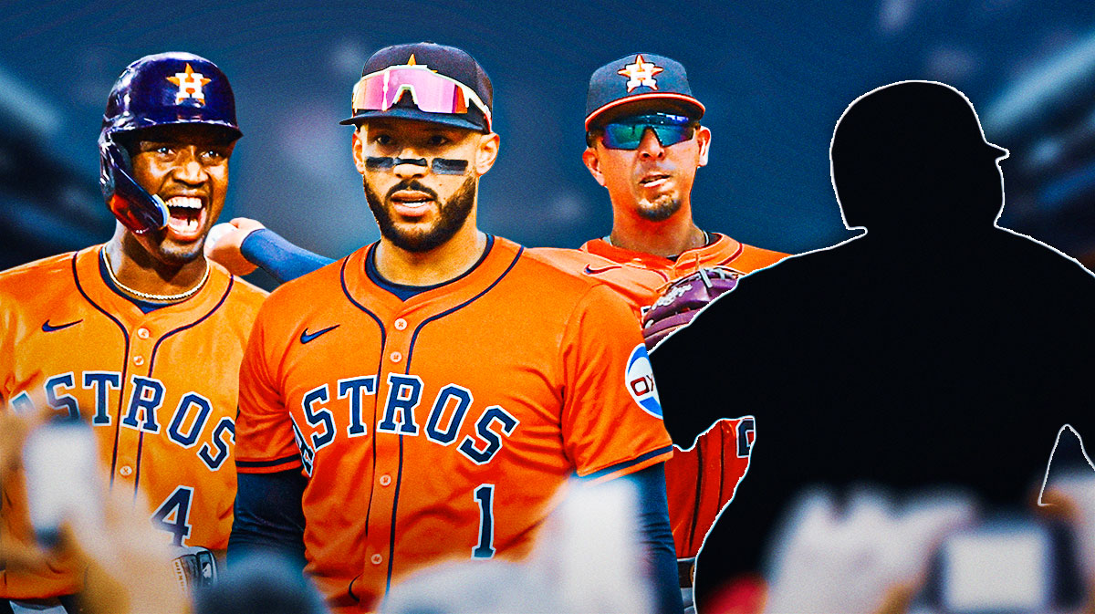 Jesus Sanchez, Carlos Correa, Ramon Urias, and a silhouette of DJ LeMahieu all together. The former three players in Astros gear.