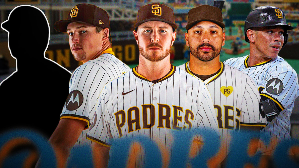 Ryan O'Hearn, Nestor Cortes, Mason Miller, Freddy Fermin all together in Padres jerseys. Also on the graphic is the silhouette of Eloy Jimenez
