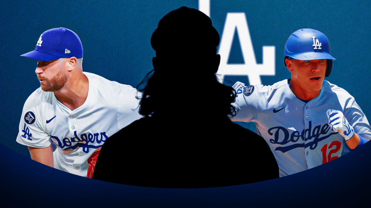 Alex Call, Brock Stewart, and silhouette of Travis Jankowski. Dodgers logo front and center. Call and Stewart in Dodgers gear.