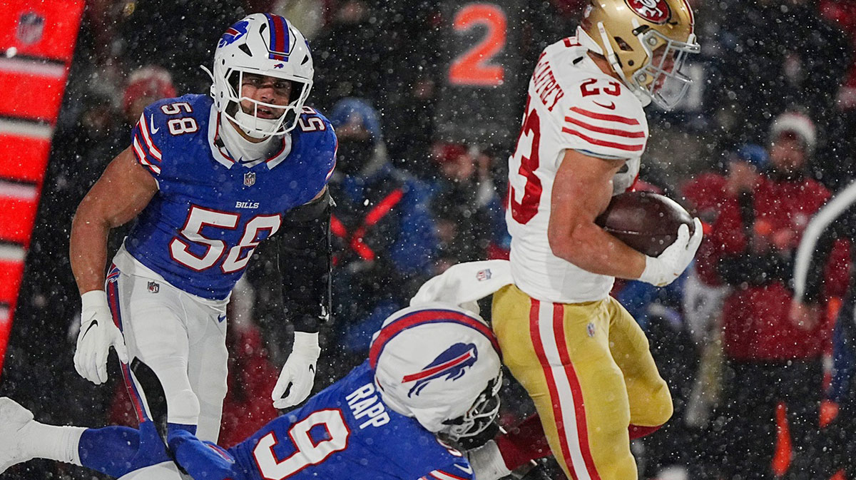 Bills Taylor Rapp makes the tackle on 49ers Christian McCaffrey with Bills Matt Milano coming in to assist during first half action of their home game against the San Francisco 49ers in Orchard Park on Dec. 1, 2024.