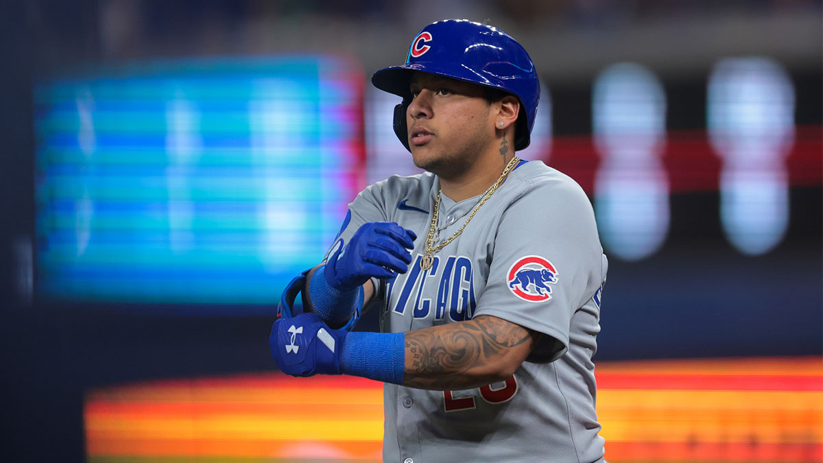 Chicago Cubs designated hitter Moises Ballesteros (25) looks on from first base after hitting a single against the Miami Marlins during the sixth inning at loanDepot Park.
