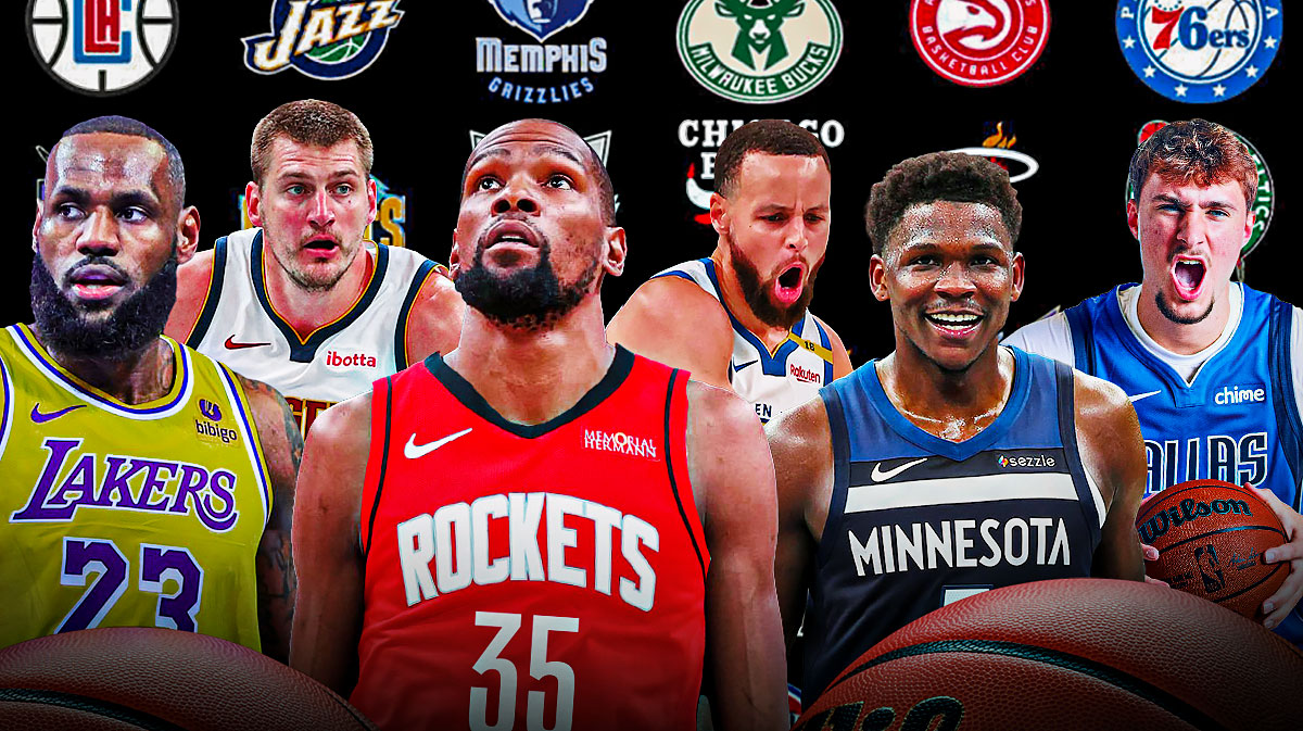 The logo of all 30 NBA teams as background. LeBron James, Nikola Jokić, Kevin Durant (Rockets), Stephen Curry, Anthony Edwards, Cooper Flagg (Mavericks) all together.