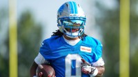 Detroit Lions running back Jahmyr Gibbs (0) makes ac catch at practice during training camp at Meijer Performance Center in Allen Park on Monday, July 21, 2025.