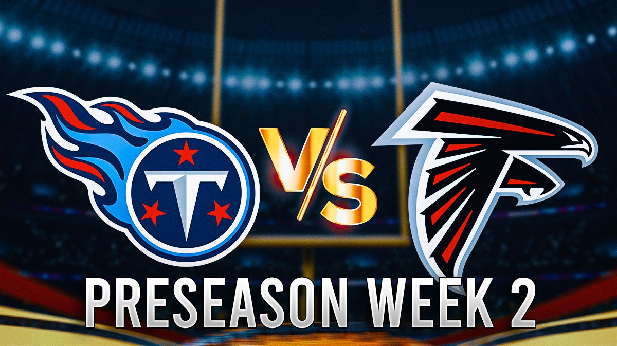 Titans logo "vs." Falcons logo. Preseason Week 2 at bottom of graphic.