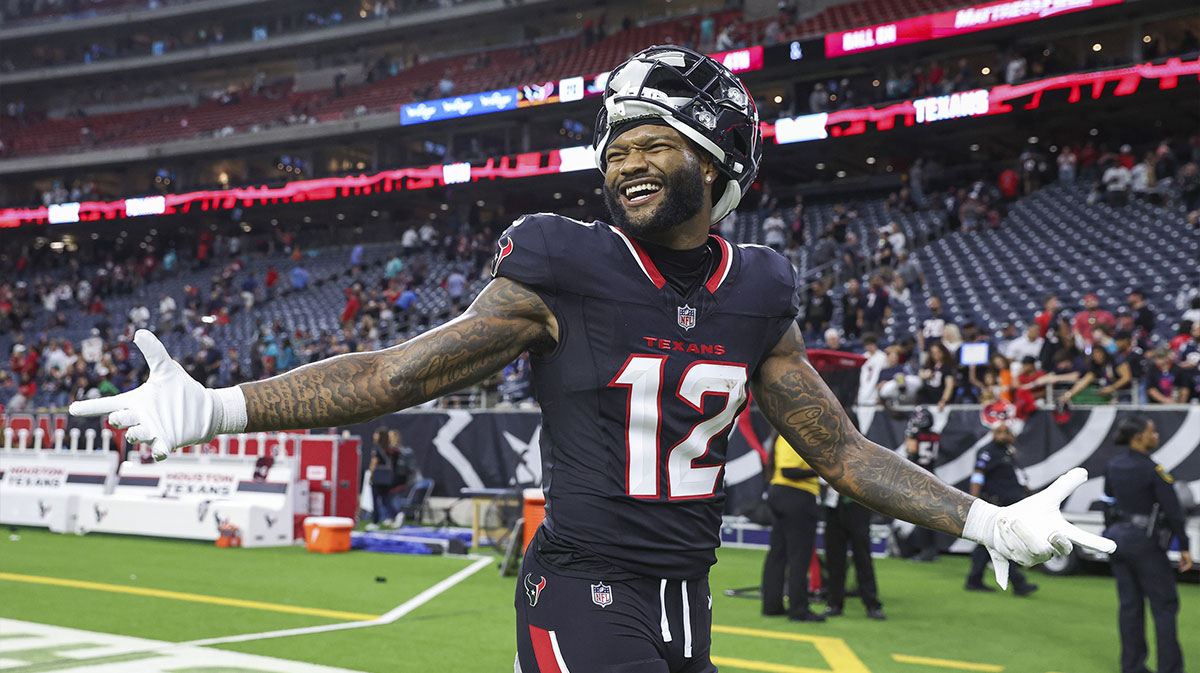 Houston Texans wide receiver Nico Collins (12) smiles after the game against the Miami Dolphins at NRG Stadium.
