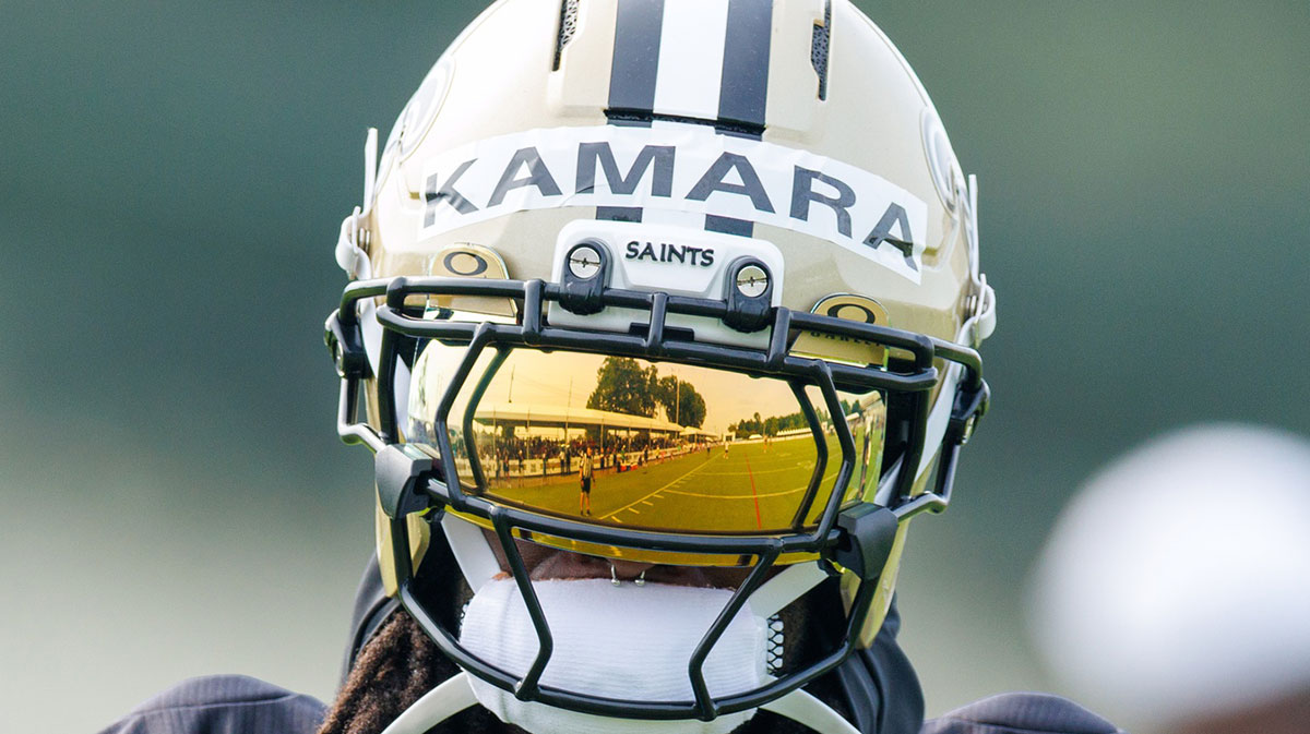 New Orleans Saints running back Alvin Kamara (41) looks on during training camp at Ochsner Sports Performance Center.