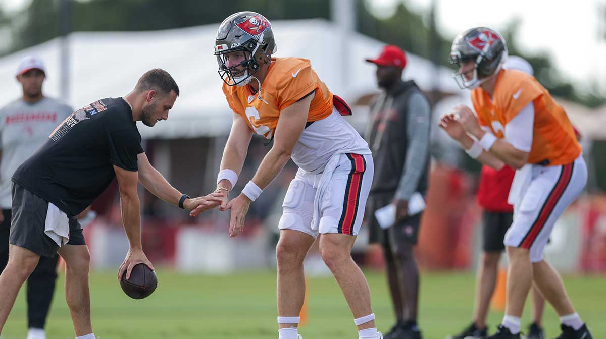 Tampa Bay Buccaneers quarterback Baker Mayfield (6) participates in training camp at AdventHealth Training Center. 