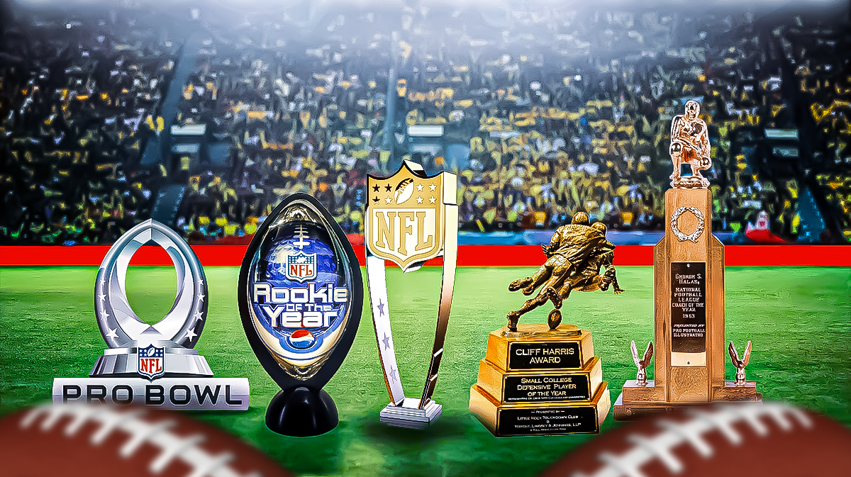 Trophies of NFL MVP, Defensive Player of the Year, Offensive Player of the Year, Coach of the Year, Comeback Player of the Year, Offensive Rookie of the Year, Defensive Rookie of the Year.
