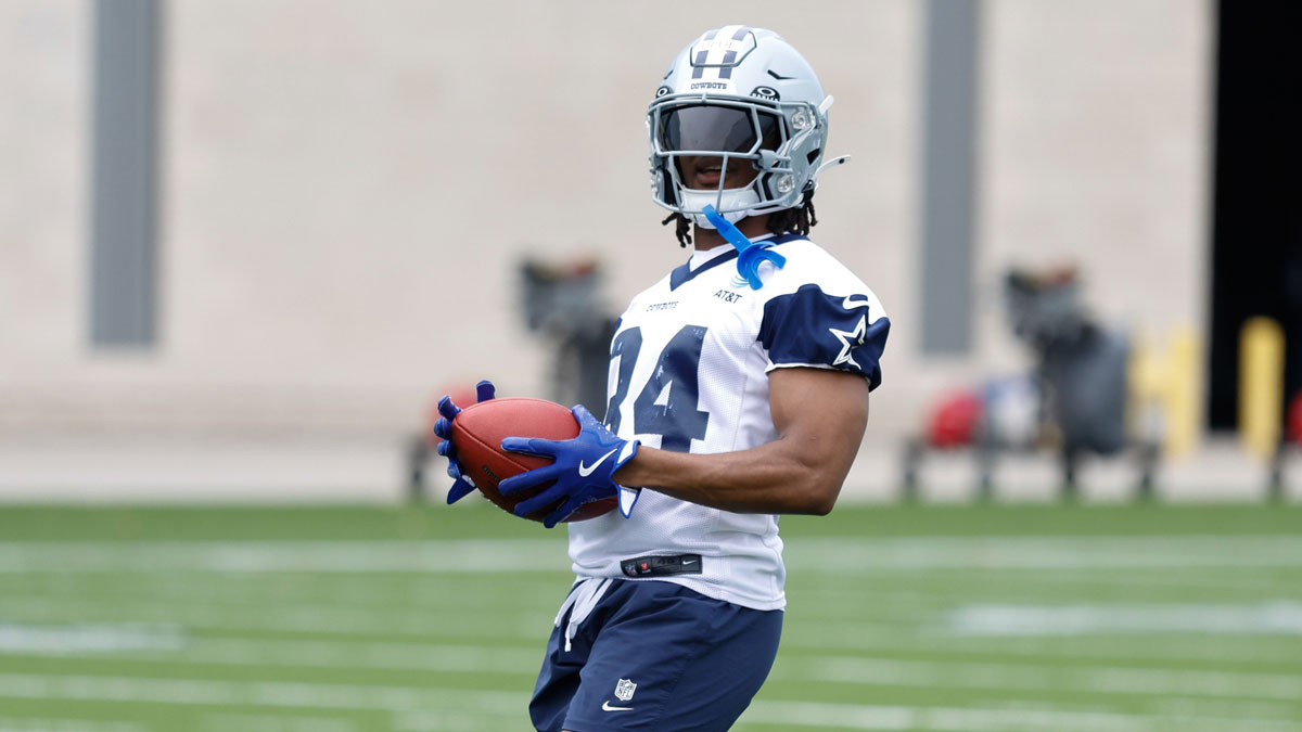 Dallas Cowboys running back Jaydon Blue (34) goes through a drill during practice at the Ford Center at the Star Training Facility in Frisco, Texas. 