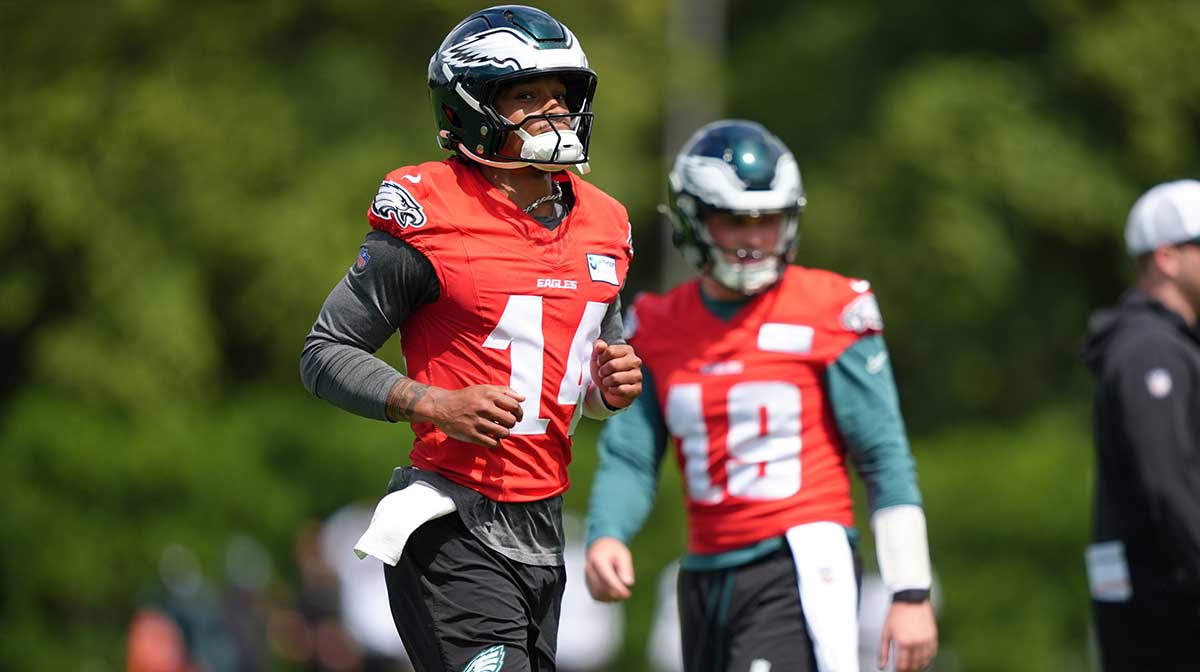 Philadelphia Eagles quarterback Dorian Thompson-Robinson (14) looks on during a practice drill at NovaCare Complex. 