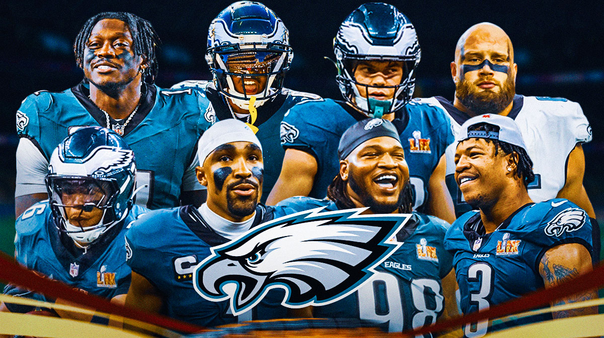 Saquon Barkley, Jalen Hurts, Jalen Carter, Nolan Smith, AJ Brown, DeVonta Smith, Cooper DeJean, Lane Johnson all together. Eagles logo front and center.