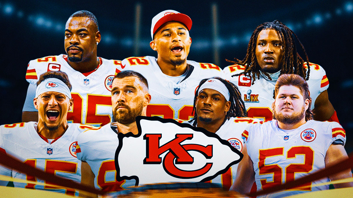 Patrick Mahomes, Travis Kelce, Isaiah Pacheco, Creed Humphrey, Chris Jones, Trent McDuffie, Nick Bolton all together. Chiefs logo front and center.