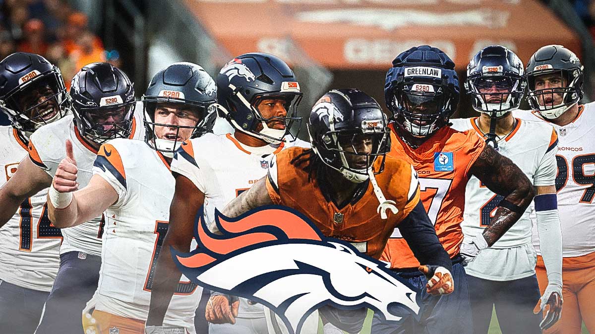 Bo Nix, Courtland Sutton, Nik Bonnito, Zach Allen, Pat Surtain II, Garett Bolles, Dre Greenlaw, Marvin Mims all together with Broncos logo front and center.