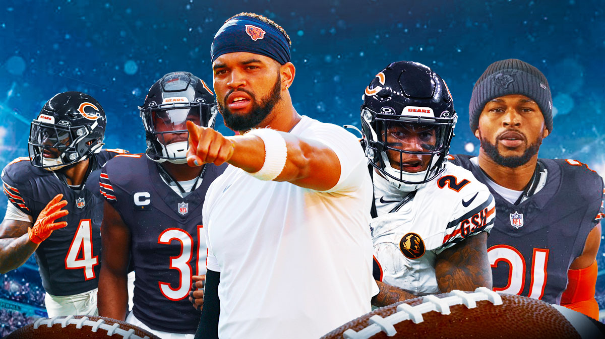 Caleb Williams, DJ Moore, D'Andre Swift, Rome Odunze, Jaylon Johnson, Kevin Byard, Montez Sweat all together with Bears logo front and center.