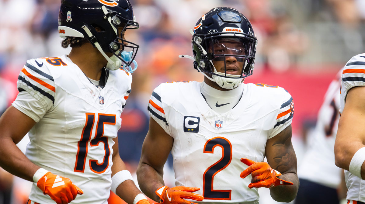 Chicago Bears wide receiver DJ Moore (2) and Rome Odunze (15) against the Arizona Cardinals at State Farm Stadium.