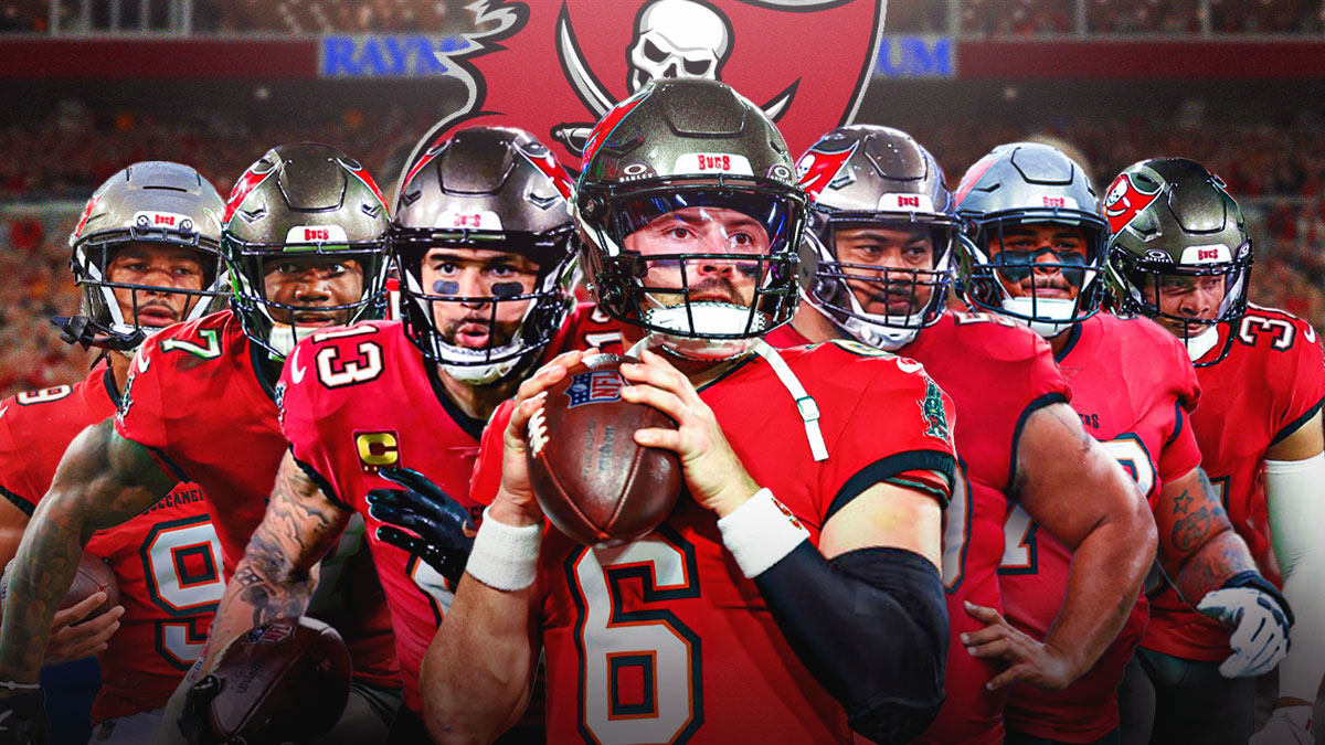 Baker Mayfield, Mike Evans, Emeka Egbuka, Bucky Irving, Vita Vea, Tristan Wirfs, Antoine Winfield Jr. all together with Buccaneers logo front and center.