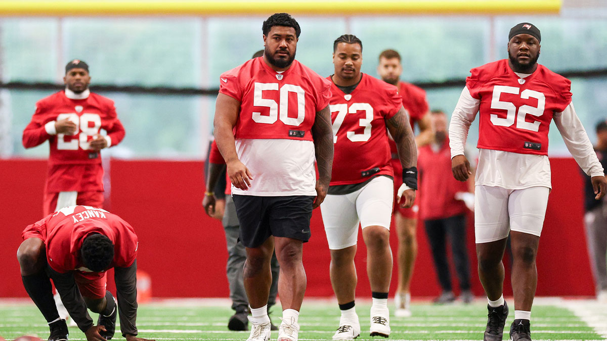 Tampa Bay Buccaneers defensive tackle Vita Vea (50) and defensive tackle C.J. Brewer (52) participate in mini camp at AdventHealth Training Center.