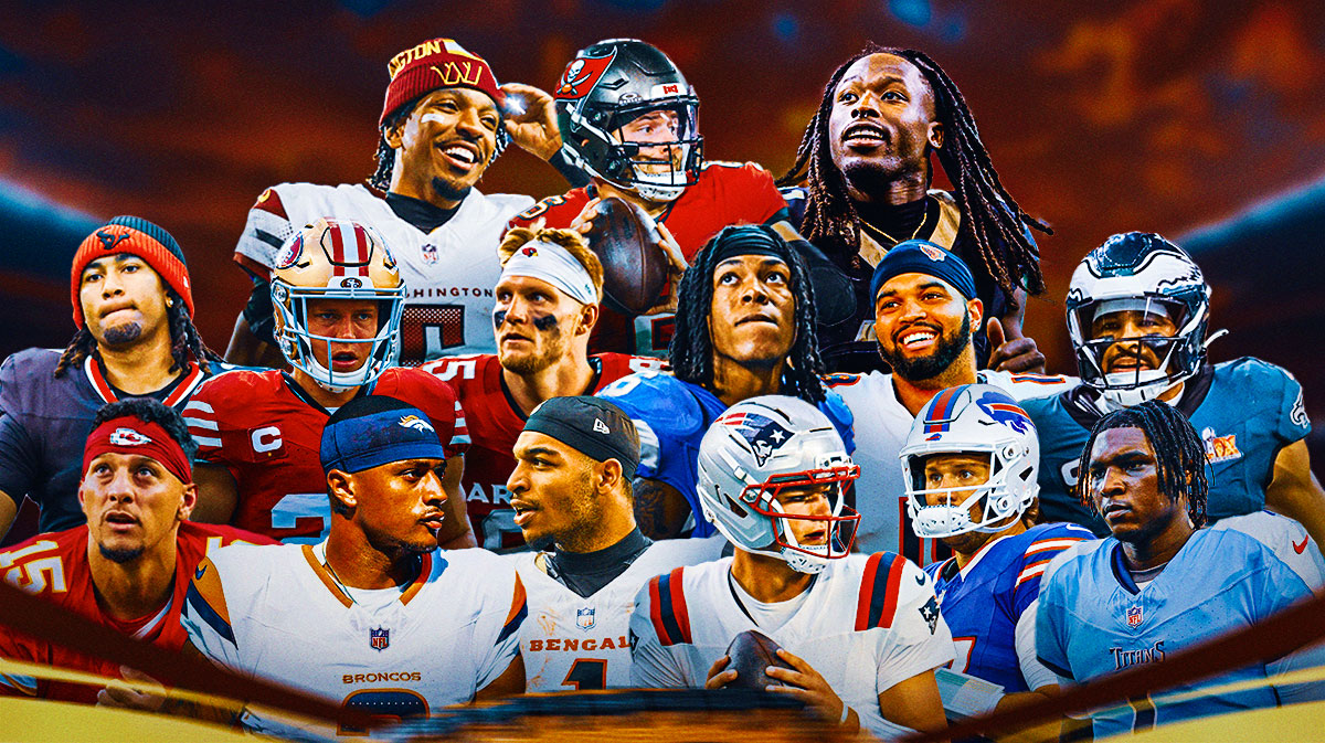 Patrick Mahomes, Patrick Surtain II, Lamar Jackson, Ja'Marr Chase, Drake Maye, Josh Allen, Cam Ward, C.J. Stroud, Christian McCaffrey, Trey McBride, Jahmyr Gibbs, Caleb Williams, Jalen Hurts, Jayden Daniels, Baker Mayfield, Alvin Kamara all together.